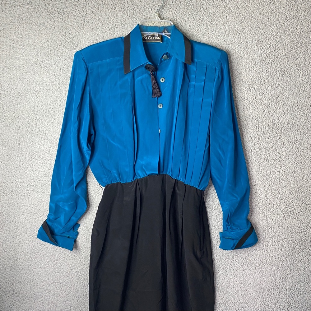 Vintage St Gillian Silk Dress Womens Size 4 Black Blue Long Sleeve